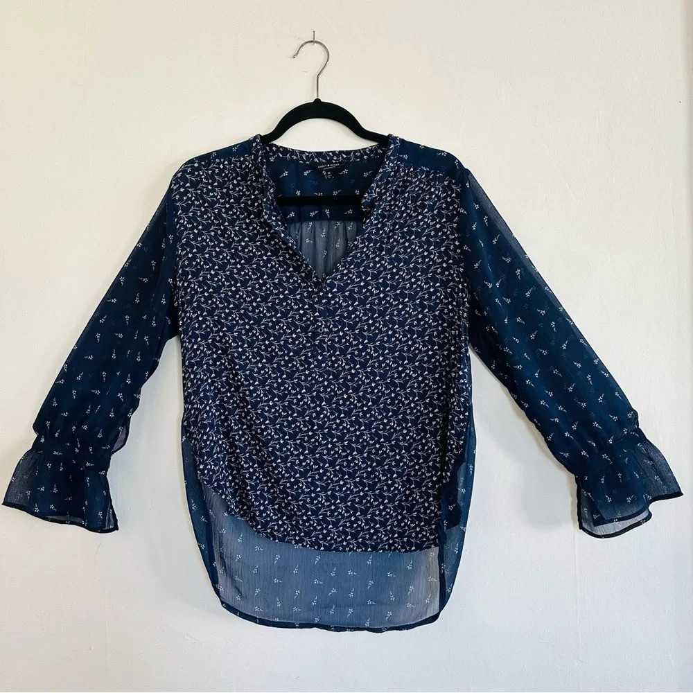 Lucky Brand Top Womens Size M Dark Blue Floral Boho Peasant Button Flowy Blouse